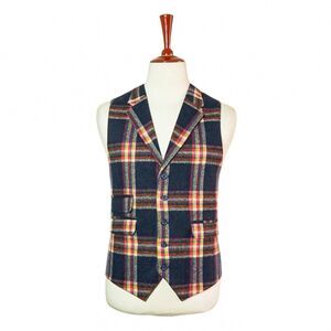 Mens 46R Wool Blue Orange Red Plaid Vest Waistcoat Wedding Party Formal Casual
